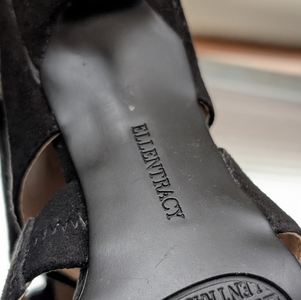 Ellen Tracy Women's Size 6.5 Black Suede Leather Almond Toe Strappy Zip Up Heels - Picture 9 of 13